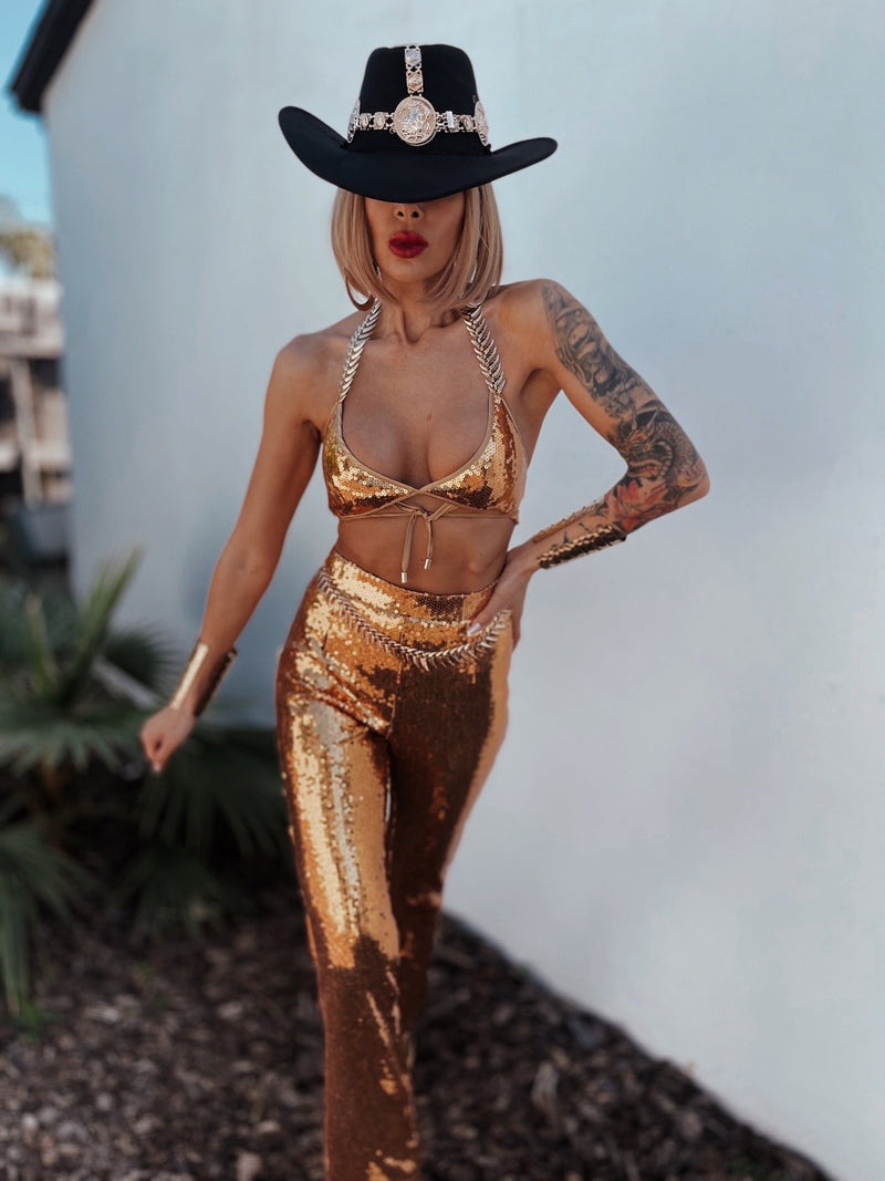 Western Gold Sequin Cowgirl Costume, Festival Sequin Pants Set, Bachel Gypsy Tale Western Gold Sequin Cowgirl Costume, Festival Sequin Pants Set, Bachel Gypsy Tale