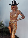 Western Gold Sequin Cowgirl Costume, Festival Sequin Pants Set, Bachelorette SpaceCowboy Outfit, Country Girl Outfit, Golden Festival Outfit