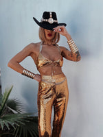 Western Gold Sequin Cowgirl Costume, Festival Sequin Pants Set, Bachelorette SpaceCowboy Outfit, Country Girl Outfit, Golden Festival Outfit