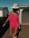Pink Iridescent Fringe Bodysuit Cowgirl Festival Outfit SpaceCowboy Cheeky Sequin Fringe Pants Outfit Bachelorette Party Outfit