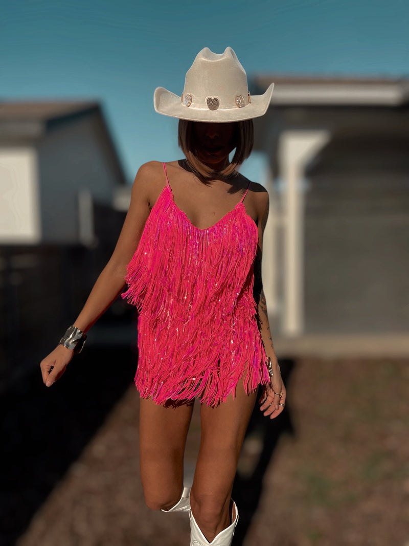 Pink Iridescent Fringe Bodysuit Cowgirl Festival Outfit SpaceCowboy Cheeky Sequin Fringe Pants Outfit Bachelorette Party Outfit