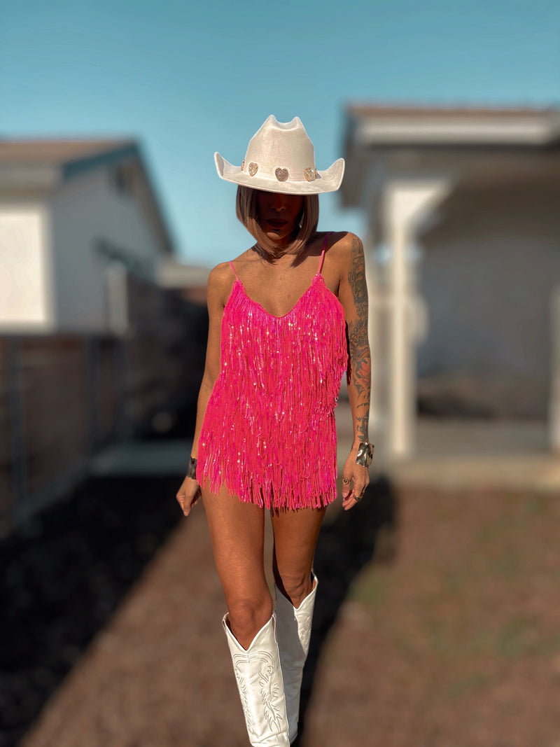 Pink Iridescent Fringe Bodysuit Cowgirl Festival Outfit SpaceCowboy Cheeky Sequin Fringe Pants Outfit Bachelorette Party Outfit