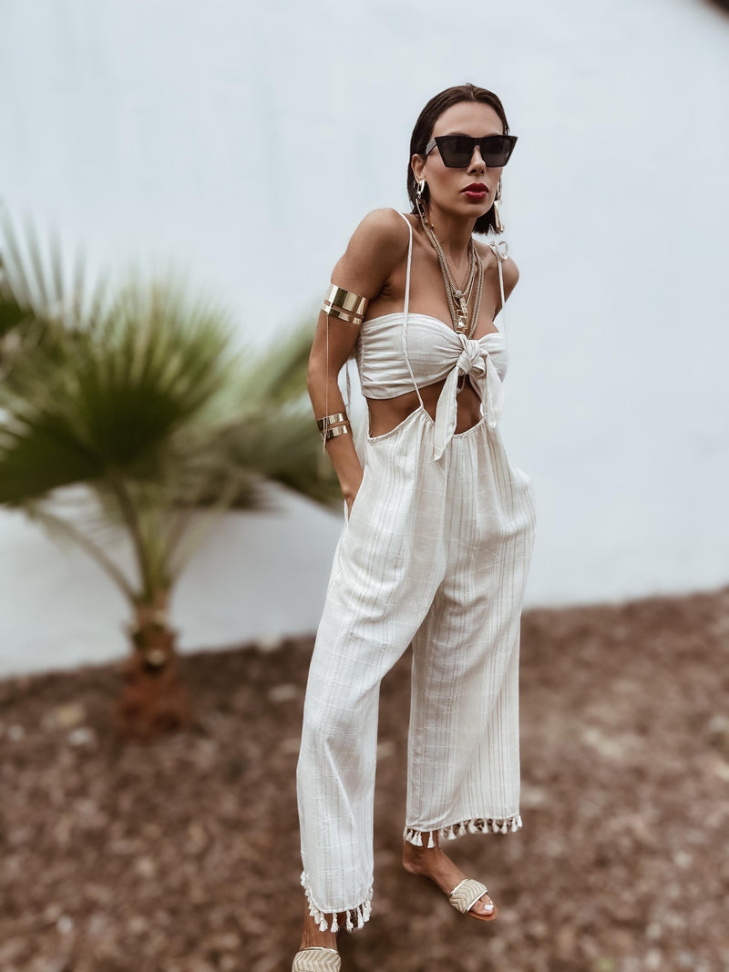 Cotton Blend Tassel Fringe Boho Pants Set Festival Outfit Tulum Bali Vacation Outfit Yoga Goddess Kundalini Pants Western Fringe Rave Set