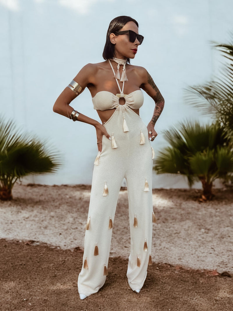 Boho Knit Cut Out Tassel Fringe Jumpsuit Bachelorette Party Outfit Wed Gypsy Tale
