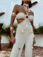 Boho Knit Cut Out Tassel Fringe Jumpsuit Bachelorette Party Outfit Wedding Reception Dress