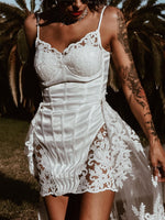 Boho Bridal Mini Wedding Party Gown With Detachable Train Bohemian Reception Dress Bachelorette Party Elopement Dress Fringe Dress Tulle