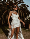 Boho Bridal Mini Wedding Party Gown With Detachable Train Bohemian Reception Dress Bachelorette Party Elopement Dress Fringe Dress Tulle