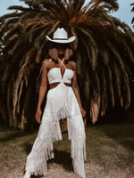 Boho Bridal Cut Out Tassel Fringe Jumpsuit Bachelorette Party Outfit Wedding Reception Dress