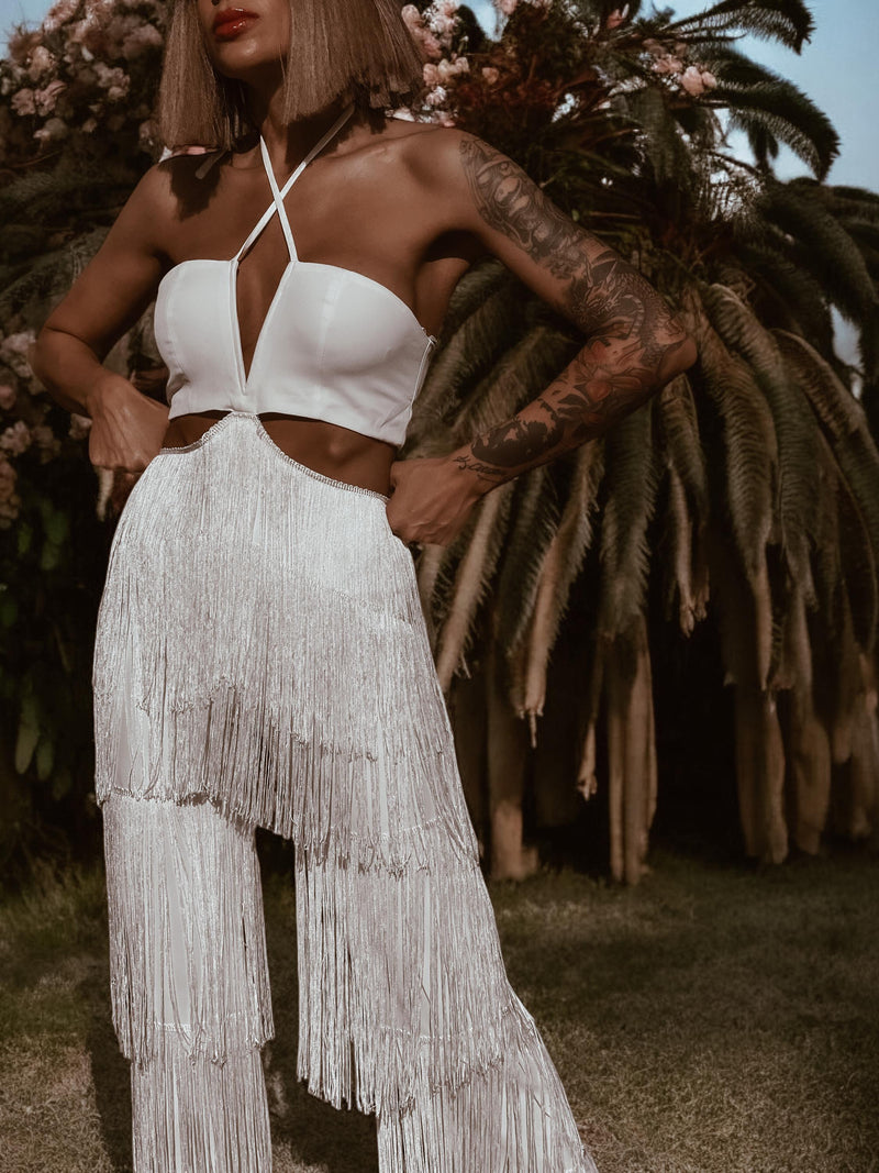 Boho Bridal Cut Out Tassel Fringe Jumpsuit Bachelorette Party Outfit Wedding Reception Dress