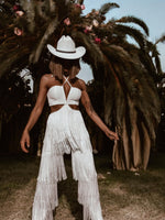 Boho Bridal Cut Out Tassel Fringe Jumpsuit Bachelorette Party Outfit Wedding Reception Dress