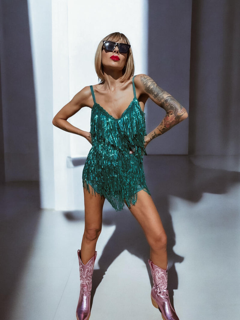 Teal Green Era Inspired Dress Rainbow Sequin Fringe Stage Dress Space Cowboy Cowgirl Outfit Bachelorette Party Festival Concert Dress