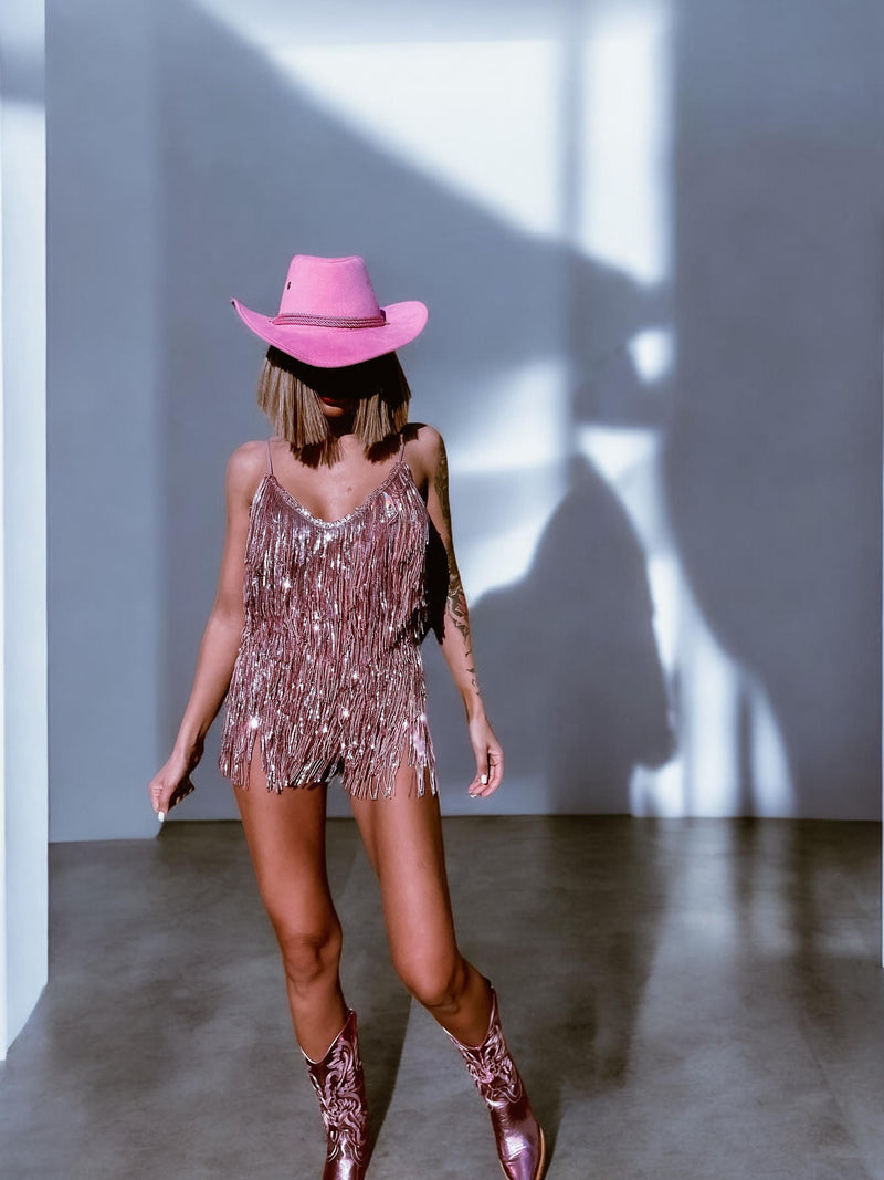 sequin dress with cowboy boots Western Pink Sequin Fringe Bodysuit Space Cowboy Cheeky Sequin Fringe – Gypsy Tale