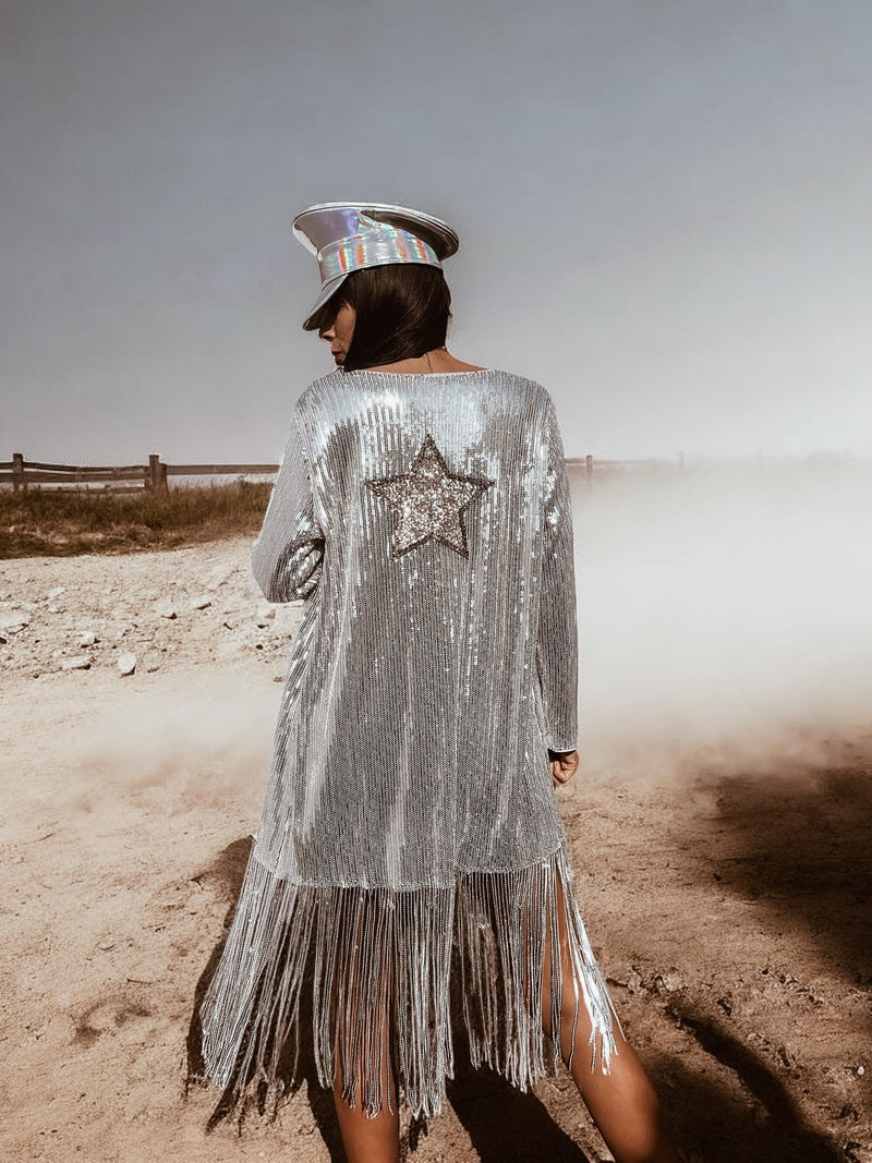 Silver Western Fringe Sequin Star Kimono Rave Festival Kimono Country Western Desert  Gypsy