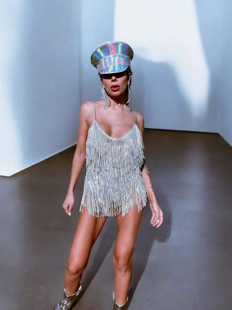 Festival Sequin Fringe Rainbow Bodysuit Romper Diamond Bachelorette Cowgirl Dress Fringe  Dress Rave Outfit Engagement Photoshoot