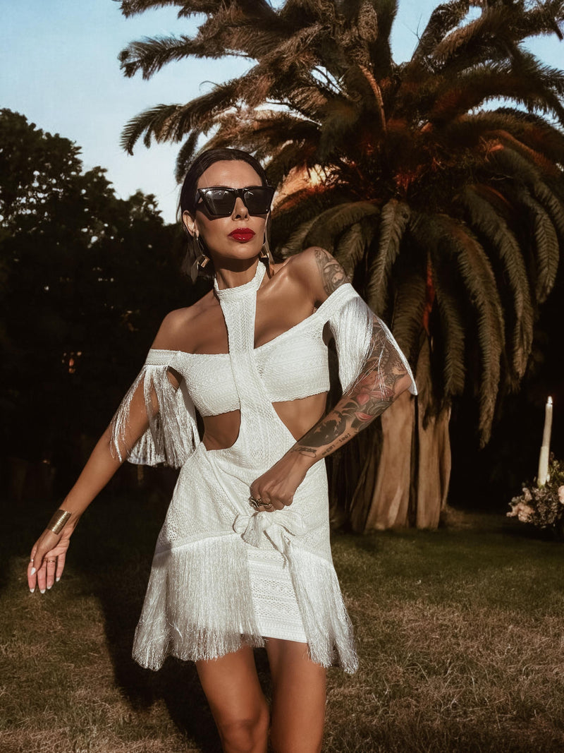 Boho Bridal Fringe Mini Goddess Dress Bachelorette Party Dress Set Wes – Gypsy Tale