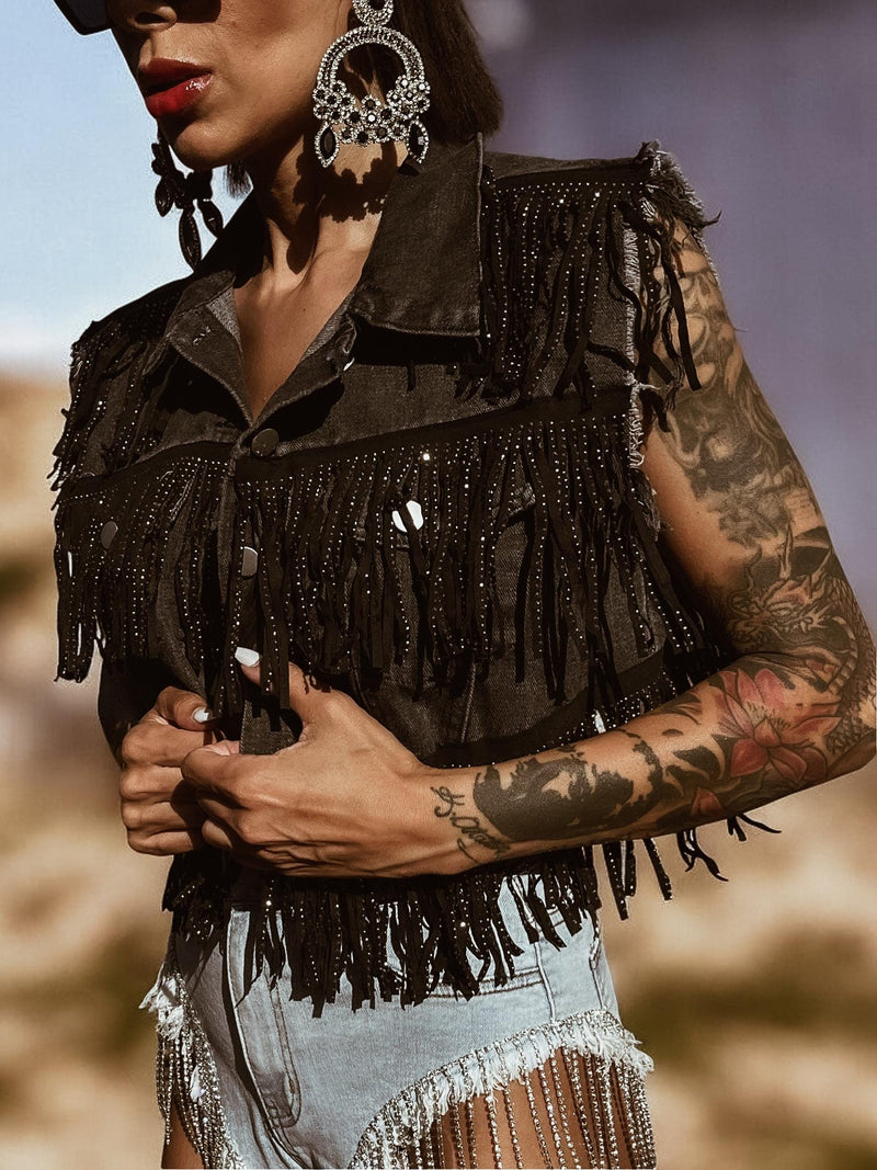 denim dress with fringe vest Eye Catcher Fringe Vest