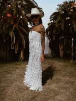 Boho Western Fringe Wedding Gown, Bachelorette Party Dress, Western Bride Gypsy Bohemian Festival Outfit, Sequin Fringe Maxi Dress