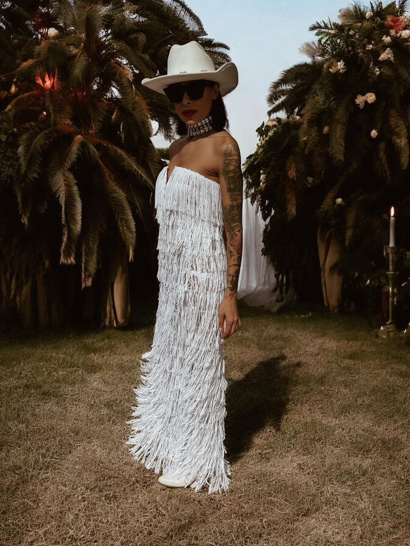 Boho Western Fringe Wedding Gown, Bachelorette Party Dress, Western Bride Gypsy Bohemian Festival Outfit, Sequin Fringe Maxi Dress
