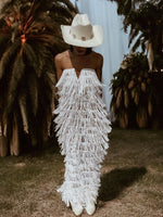 Boho Western Fringe Wedding Gown, Bachelorette Party Dress, Western Bride Gypsy Bohemian Festival Outfit, Sequin Fringe Maxi Dress