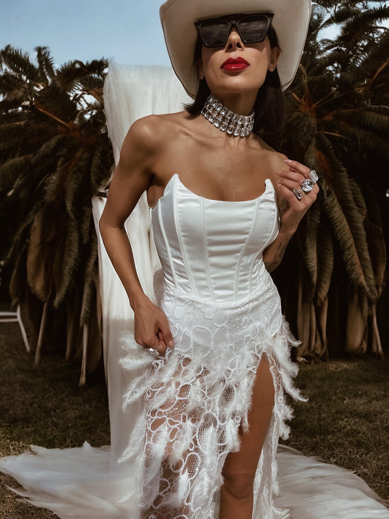 Boho Feather Fringe Wedding Gown, Western Boho Elopement Dress, Bachel Gypsy Tale Boho Feather Fringe Wedding Gown, Western Boho Elopement Dress, Bachel Gypsy Tale