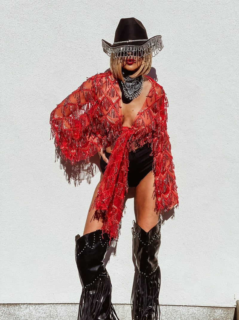 Red Gold Fringe Sequin Mini Kimono, Western Fringe Festival Kimono, Cowgirl Country Fringe Jacket, Country Festival Costume