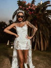 Boho Bridal Mini Wedding Party Gown With Detachable Train Bohemian Reception Dress Bachelorette Party Elopement Dress Fringe Dress Tulle