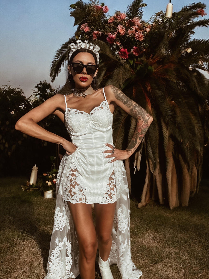 Boho Bridal Mini Wedding Party Gown With Detachable Train Bohemian Reception Dress Bachelorette Party Elopement Dress Fringe Dress Tulle