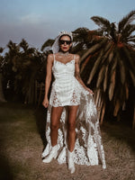 Boho Bridal Mini Wedding Party Gown With Detachable Train Bohemian Reception Dress Bachelorette Party Elopement Dress Fringe Dress Tulle