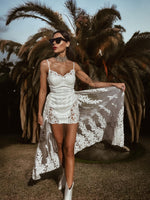 Boho Bridal Mini Wedding Party Gown With Detachable Train Bohemian Reception Dress Bachelorette Party Elopement Dress Fringe Dress Tulle