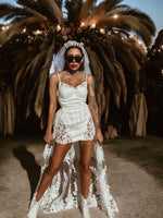 Boho Bridal Mini Wedding Party Gown With Detachable Train Bohemian Reception Dress Bachelorette Party Elopement Dress Fringe Dress Tulle