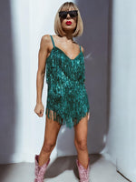 Teal Green Era Inspired Dress Rainbow Sequin Fringe Stage Dress Space Cowboy Cowgirl Outfit Bachelorette Party Festival Concert Dress