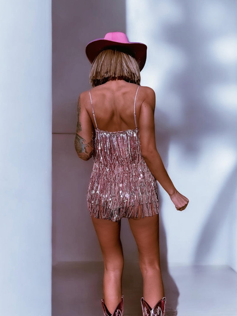 Western Pink Sequin Fringe Bodysuit Space Cowboy Cheeky Sequin Fringe  Cowgirl  Outfit Bachelorette Party Outfit Festival Outfit Era Costume