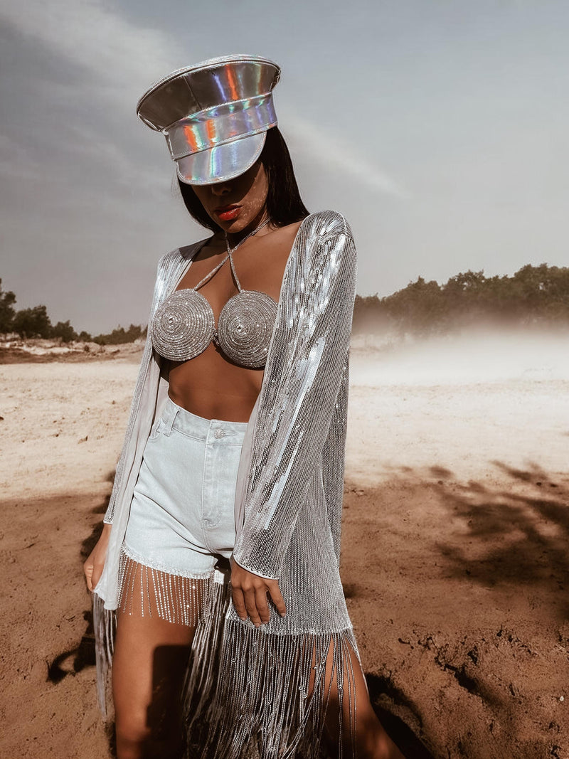 Silver Western Fringe Sequin Star Kimono Rave Festival Kimono Country Western Desert  Gypsy