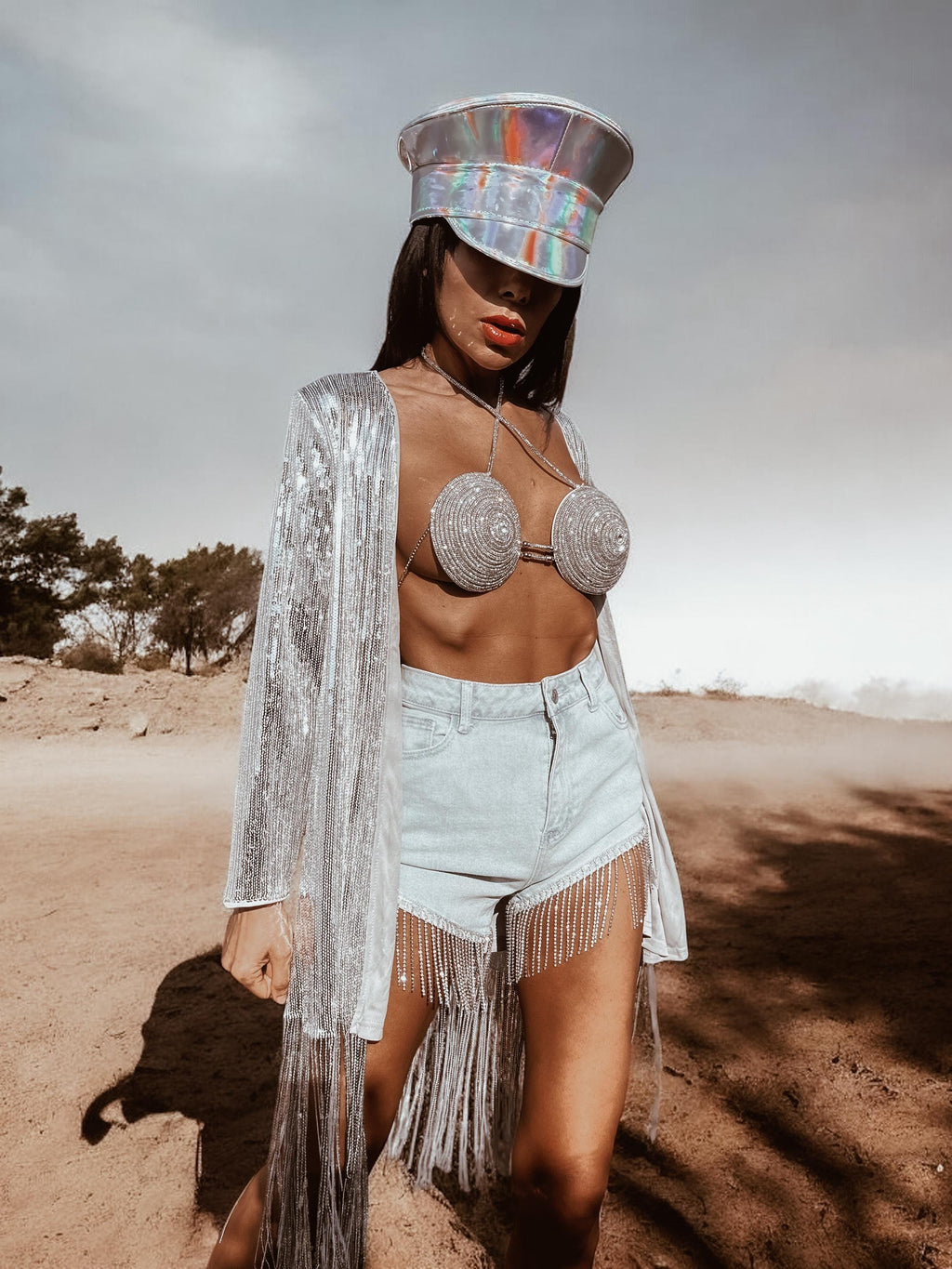 Silver Western Fringe Sequin Star Kimono Rave Festival Kimono Country Western Desert  Gypsy
