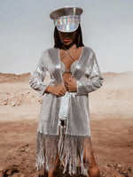 Silver Western Fringe Sequin Star Kimono Rave Festival Kimono Country Western Desert  Gypsy