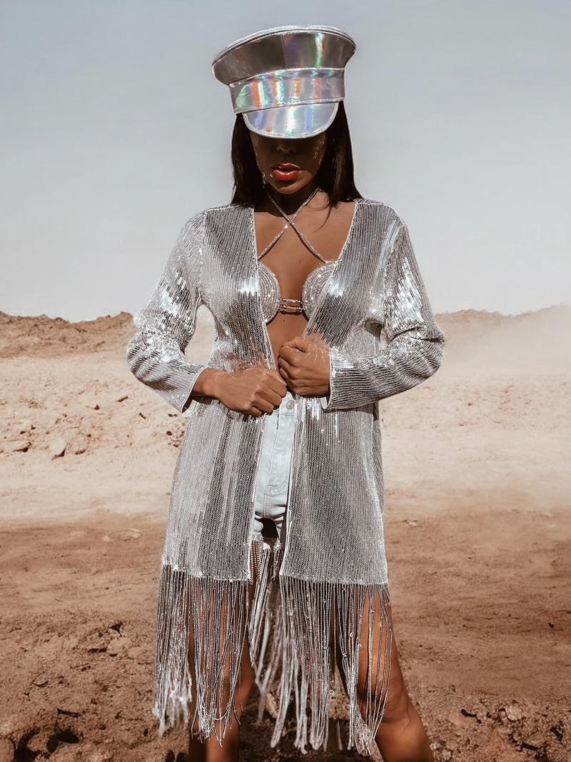 sequin kimono dress Silver Western Fringe Sequin Star Kimono Rave Festival Kimono Country – Gypsy Tale