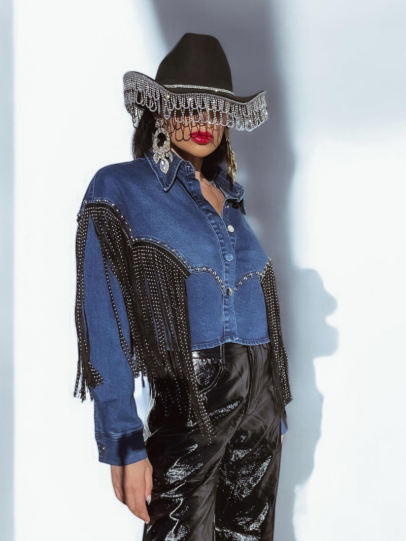 Fringe Denim Jacket, Suede Fringe Jacket, Western Diamond Fringe Jacket, Country Girl Cowgirl Jacket, Barn Wedding Bridal Outfit