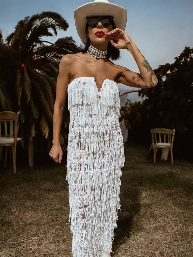 Boho Western Fringe Wedding Gown, Bachelorette Party Dress, Western Bride Gypsy Bohemian Festival Outfit, Sequin Fringe Maxi Dress