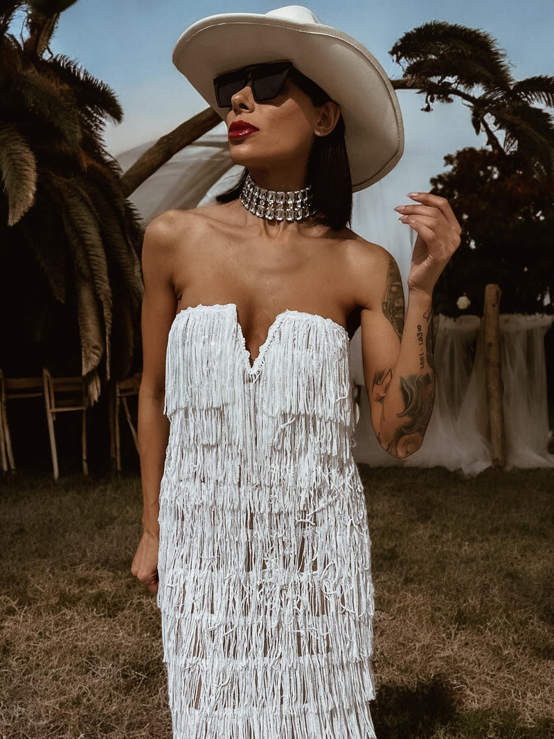 Boho Western Fringe Wedding Gown, Bachelorette Party Dress, Western Bride Gypsy Bohemian Festival Outfit, Sequin Fringe Maxi Dress