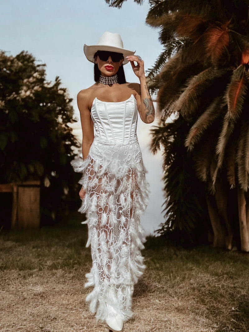 Boho Feather Fringe Wedding Gown, Western Boho Elopement Dress, Bachel Gypsy Tale Boho Feather Fringe Wedding Gown, Western Boho Elopement Dress, Bachel Gypsy Tale