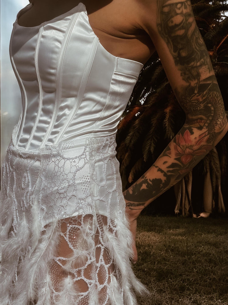 Boho Feather Fringe Wedding Gown, Western Boho Elopement Dress, Bachelorette Party Dress, Western Bride Gypsy Bohemian Festival Outfit