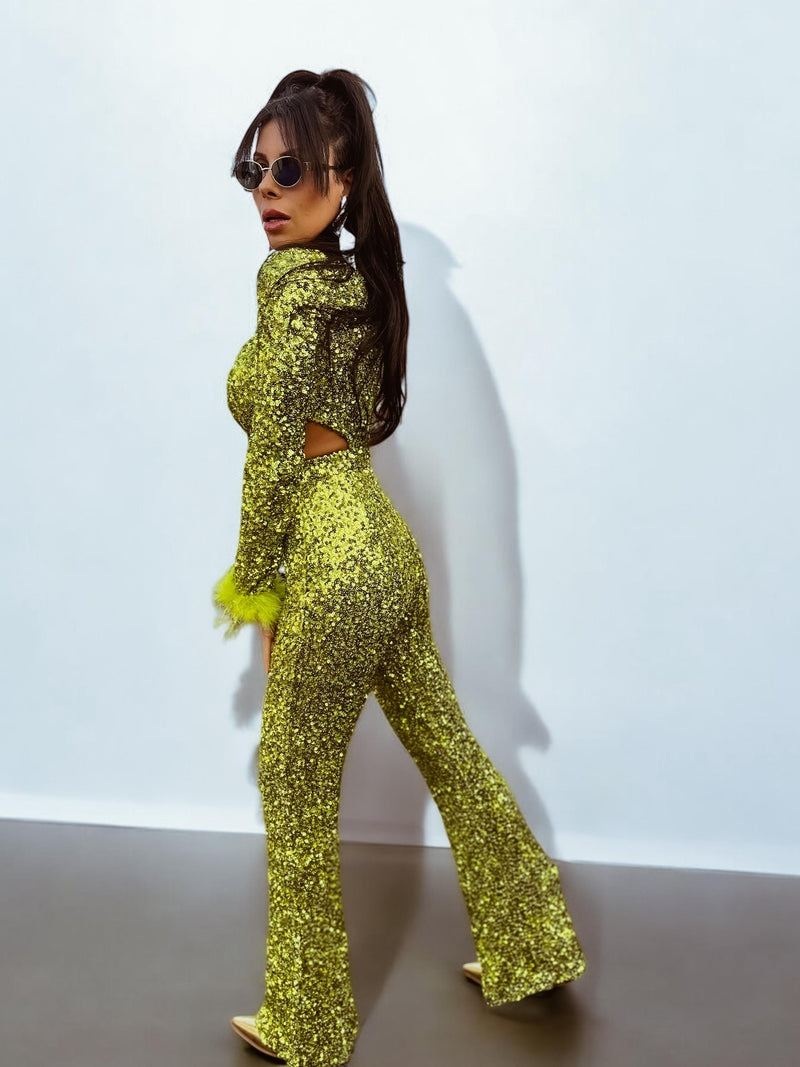 Green Disco Sequin Jumpsuit Festival Cut Out Jumpsuit Disco 70s Inspired Retro Jumpsuit Festival Rave Party Neon Sequin Cowgirl Costume