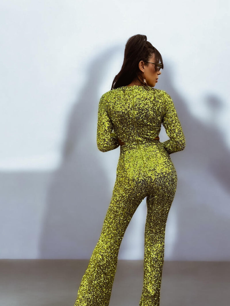 Green Disco Sequin Jumpsuit Festival Cut Out Jumpsuit Disco 70s Inspired Retro Jumpsuit Festival Rave Party Neon Sequin Cowgirl Costume