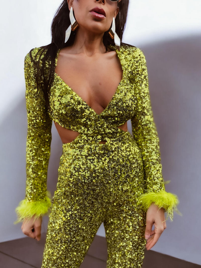 Green Disco Sequin Jumpsuit Festival Cut Out Jumpsuit Disco 70s Inspired Retro Jumpsuit Festival Rave Party Neon Sequin Cowgirl Costume