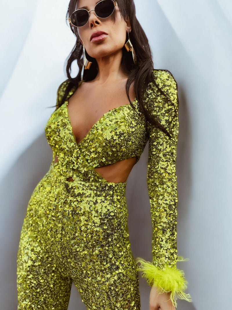 Green Disco Sequin Jumpsuit Festival Cut Out Jumpsuit Disco 70s Inspired Retro Jumpsuit Festival Rave Party Neon Sequin Cowgirl Costume