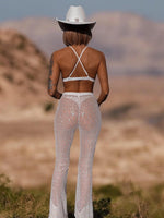 Bachelorette Western Sequin Pants Set Country Festival Cowgirl Outfit Western Bell Bottom Pants Fringe Disco Outfit