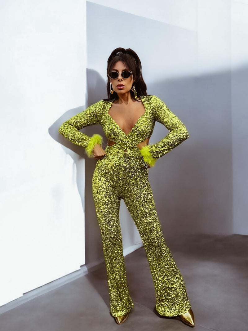 Green Disco Sequin Jumpsuit Festival Cut Out Jumpsuit Disco 70s Inspired Retro Jumpsuit Festival Rave Party Neon Sequin Cowgirl Costume