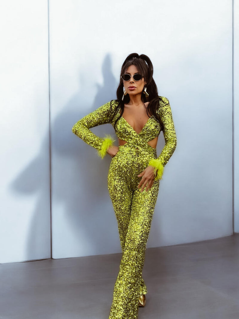 Green Disco Sequin Jumpsuit Festival Cut Out Jumpsuit Disco 70s Inspired Retro Jumpsuit Festival Rave Party Neon Sequin Cowgirl Costume