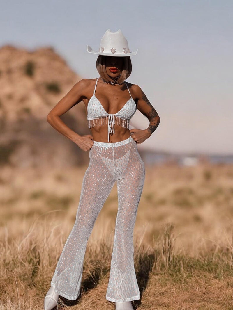 Bachelorette Western Sequin Pants Set Country Festival Cowgirl Outfit Western Bell Bottom Pants Fringe Disco Outfit