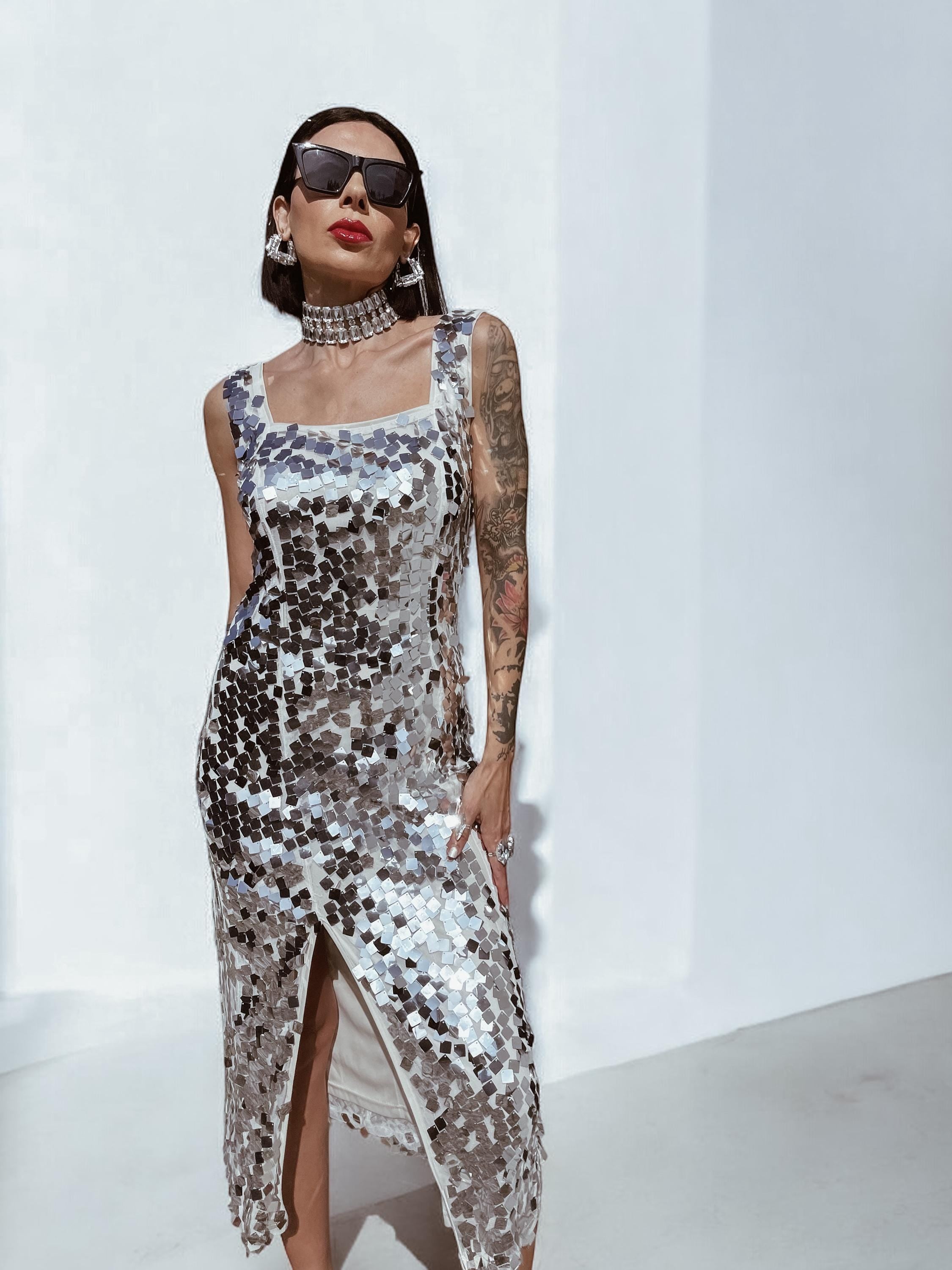 silver going out dress Adoria Sequin Cut Out Maxi Dress - Silver
